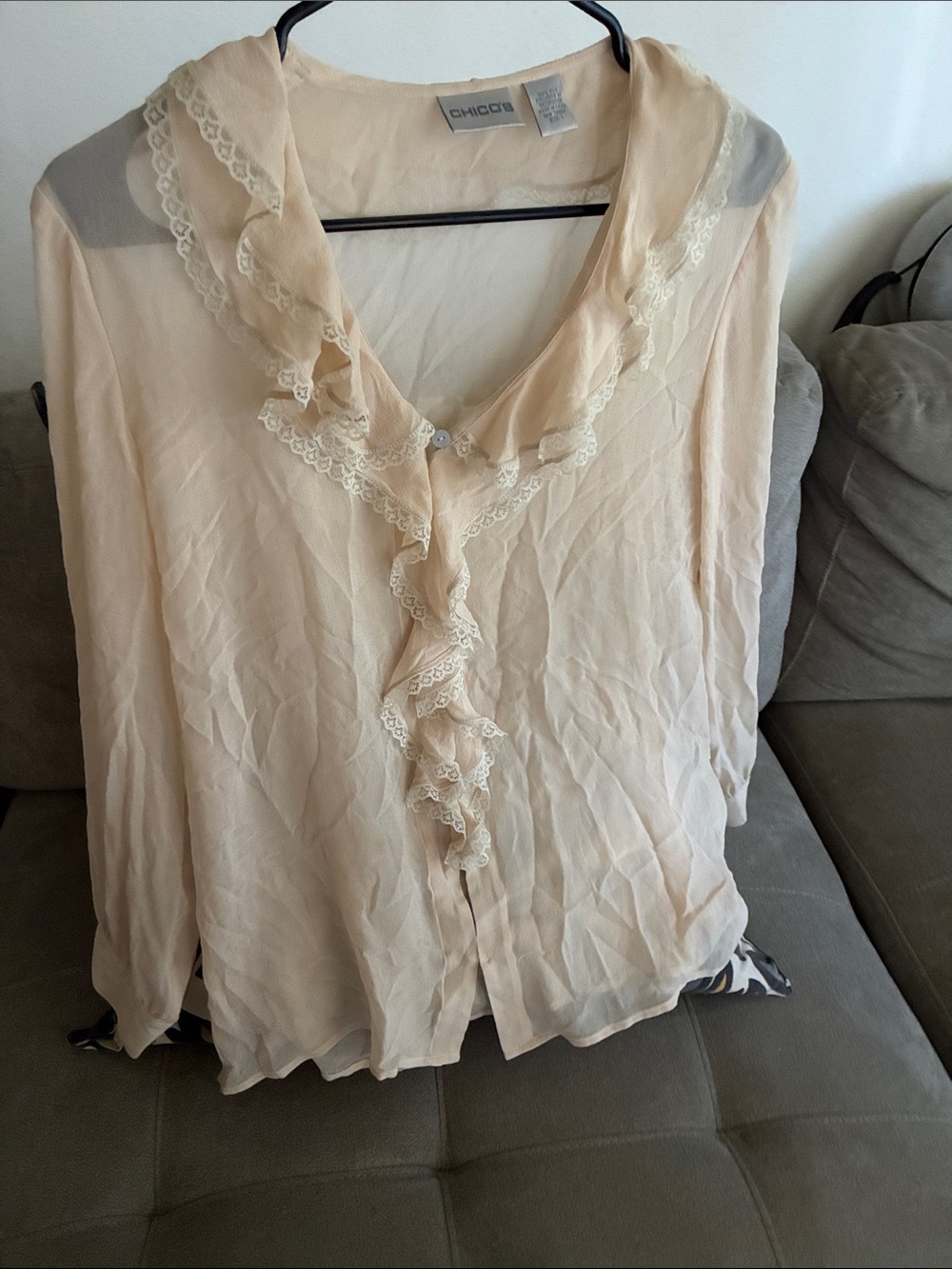 Chico's Sheer Ruffle-Trim Blouse in Soft Peach